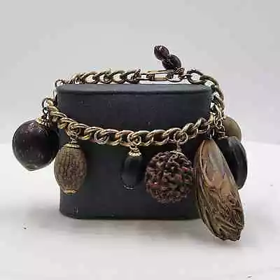 Vintage 1950s Natural Seed Nut Charm Bracelet Gold Plated Hawaiian Chunky Charm • $28