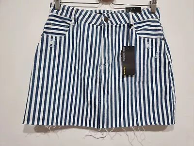 Factorie Denim Mini Skirt Blue White Sailor Stripe Women's 12 High Waisted NEW • £12.33