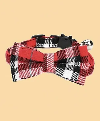 UK QUICK DELIVERY One Size Red Tartan Bow Cat Collar • £2