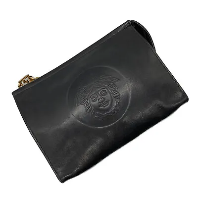 Gianni Versace Medusa Clutch Bag Pouch Black Leather Authentic • $158.74