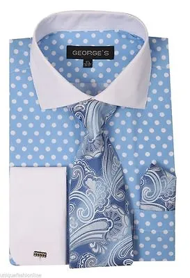 Men's French Cuff Dress Shirt With Polka Dot Design 3 Pieces Set Blue Size 15~20 • $22.79