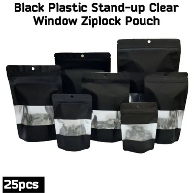 £14.55 • Buy 25pcs 9x14 To 20x30cm Stand Up Zip Lock Black Plastic Transparent Window Pouches