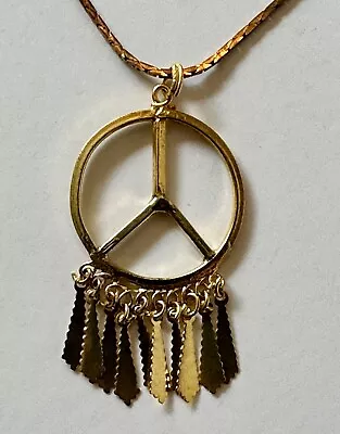 Vintage Peace Sign With Dangles Gold Tone Metal Charm Pendant 1 3/4  Necklace 24 • $16.90