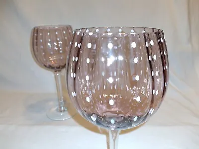 Pair Murano Art Glass Oversized Wine Goblets Purple White Dots Ribbed 16 Oz • $199