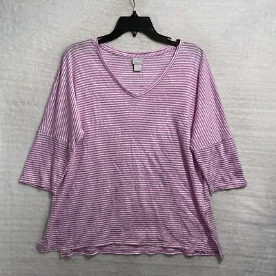 Chios Linen Top Womans 1 Medium Pink Stripe 3/4 Sleeve V Neck Pullover • $7.99