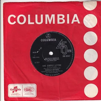 Mireille Mathieu..une Simple Lettre..very Good 1969 Columbia Pop 7 ..db 8557 • £2.99