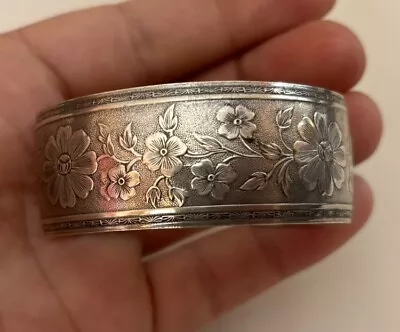 Vintage Wide BANGLE Cuff Bracelet Sterling Silver Etched Floral Flower Design • $1