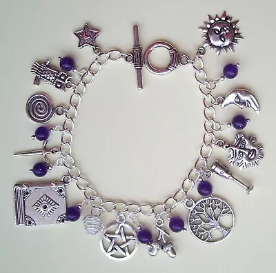 Pentagram Sun Moon Purple Amethyst Bead Charm Bracelet Pagan Goddess Witch • £11.50