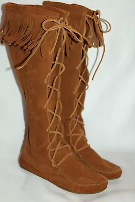 MINNETONKA #1422 Chestnut Brown Suede Fringe Lace Up Tall Moccasin Boots Sz 7 • $55.96
