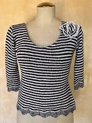 Kodjx Made In Paris Sweater Knit Top Black White Stripe With Applique • $15