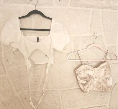 White Puff Crop Top H&M And Corset Top Champagne Color Woman Size XS Lot Of 2 • $7.49