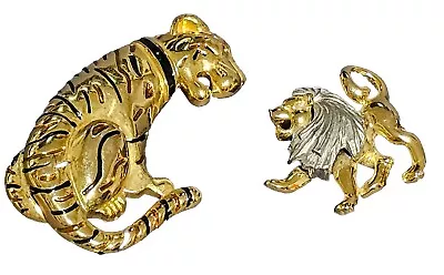 2 Pieces Massive Tiger Enameled Goldtone Brooch Plus Two Tone Lion Brooch  • $28.89