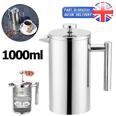 1000ML French Press Coffee Tea Maker Stainless Steel Wall Insulated Caffettiere • £16.29