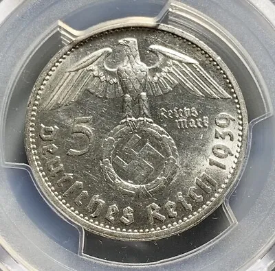 Scarce DDR:  1939 G Third Reich 5 Mark Silver Coin - PCGS MS 61 • $399.99