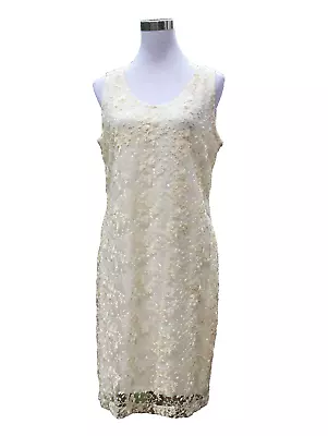 SURYA Cream Colored Lace Overlay Dress L Rayon Short Embroidered Beaded Zipper • $13.50