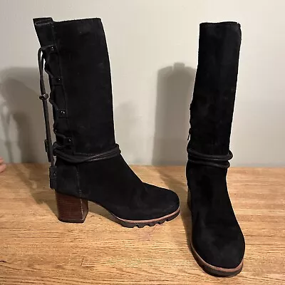 Sorel Farah Women’s Mid Calf Black Suede Waterproof Boots Laces Tassels Size 8.5 • $64