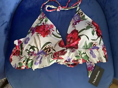 BNWT By Debenhams Alena Floral Frill Detail Halter Bikini Top Size 14 Padded • £7.49