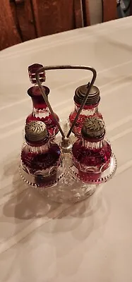 Kings Crown Thumbprint Ruby Etched Cruit Set EAPG • $300