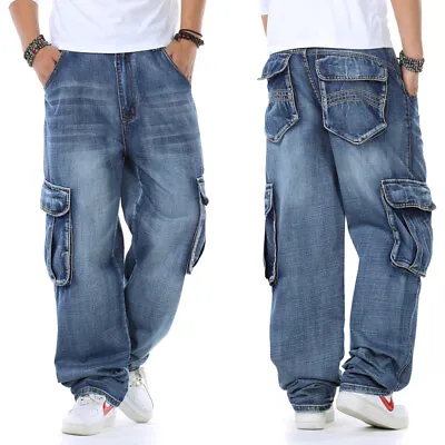 Big Tall Men Jeans Relaxed Fit Cargo Pants Wide Legs Huge Pocket Rugged WorkWear • $39.90