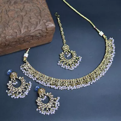 Baby Pink Indian Bollywood Jewelry Sleek Fashion Choker Necklace Earring Tikka • $28