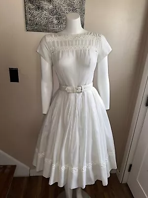 1950s/1960s  White Embroidered Fit And Flair True Vintage Day Dress • $28