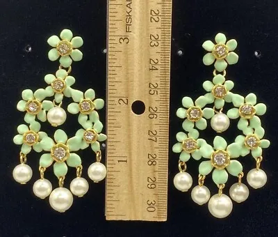 J. CREW Earrings HUGE Pearl & Pink Rhinestone Green Flower Chandelier Pierced • $59.99