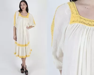 Thin White Mexican Puff Sleeve Gauze Tent Dress Sheer See Through Beach Outfit • $62