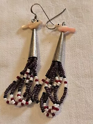 Vintage Native American Mop Bird Beaded Cone End Fetish Earrings • £35