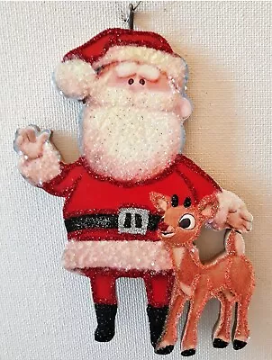 SANTA W RUDOLPH RED NOSED REINDEER * Glitter CHRISTMAS ORNAMENT * Vtg Img • $10.50