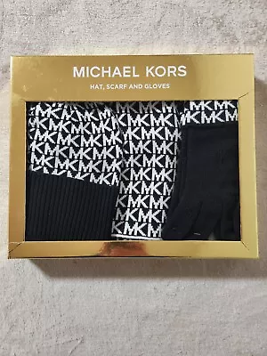 MICHAEL KORS Black/White 3 Piece Set Scarf Hat Gloves NEW IN GIFT BOX • $17.95