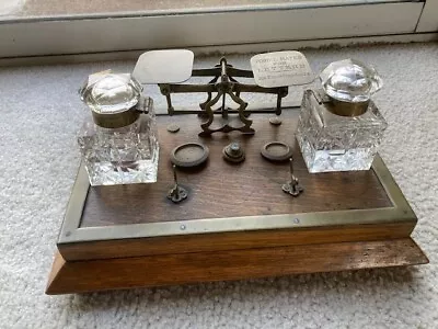 Antique Brass & Wood Postal Scale W/ 4 Brass Weights Cut-glass Ink Bottles • $59.99