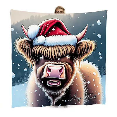 Highland Cow - Christmas Cartoon Fleece Throw Blanket | 150cm X 150cm • £33.99