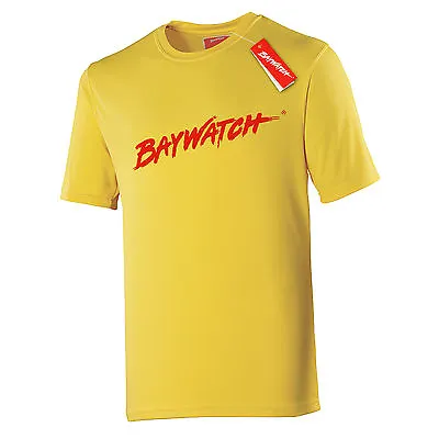 Licensed Baywatch ® Yellow Mens Cooltex T-shirt Sports Lifeguard Fancy Dress Top • £14.50