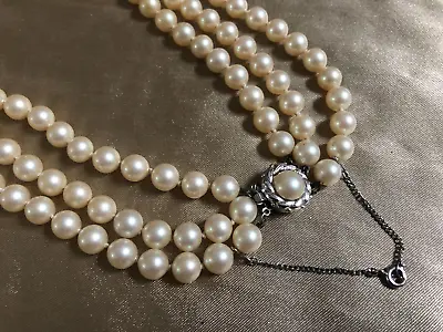 VINTAGE Triple Multistrand Glass Faux Pearl Necklace Fancy Clasp Safety Chain #6 • £18.79