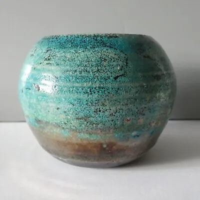 Raku Ware Pottery Small Round Vase Plant Pen Pot Turquoise Copper Metallic Glaze • £29.99