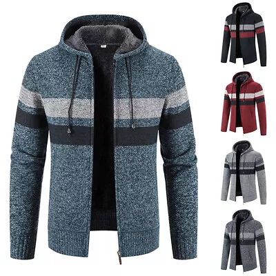 Men's Fleece Lined Zip Cardigan Hooded Jacket Contrast Winter Warm Casual Jacket • £13.59