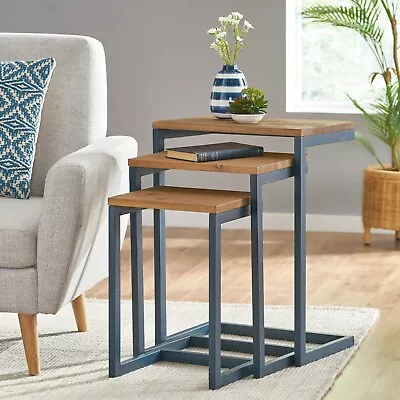 Kacha Modern Rectangular Antique Firwood Nesting Tables With Iron Frames • $121.99