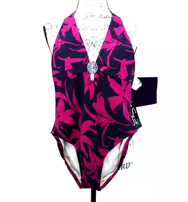 NWT VTG Magic Suit Miraclesuit One Piece Swimsuit Jeweled Broach Raspberry Black • $90