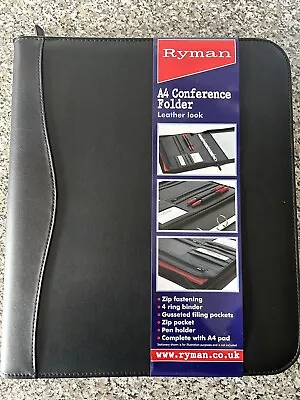 Ryman Black A4 Conference Folder Leather Look 4 Ring Binder Zip Fastening Pocket • £18