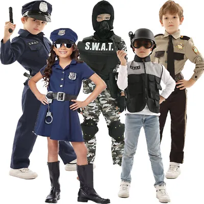 Kids Girls Boys SWAT Cop Police Sheriff Uniform Halloween Fancy Dress Costume • £14.99