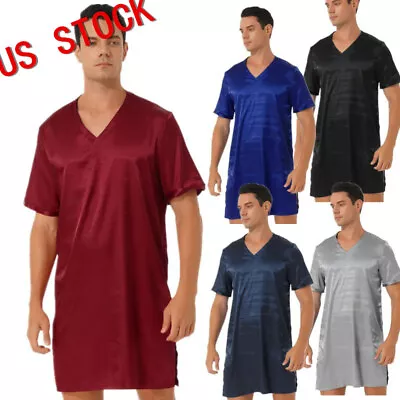 US Mens Silk Satin Nightshirt Short Sleeve Loose Pajama Top Nightgown Loungewear • $13.99