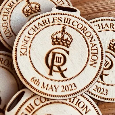£5 • Buy Set Of 10-  King Charles III Coronation Medals-  Laser Engraved On Wood 50mm