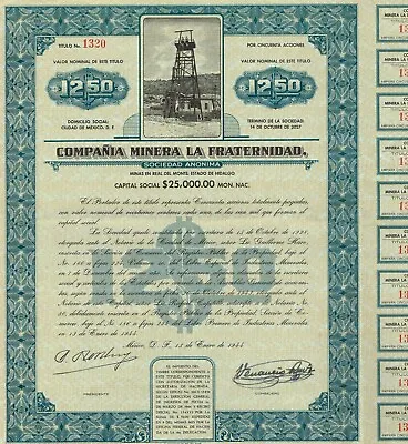 MEXICO LA FRATERNIDAD MINING COMPANY Stock/bond Certificate W/COUPONS  • $39.99