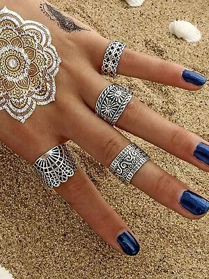 4 Pcs Ethnic Traditional Antique Silver Carved Geometric Pattern Midi Rings Set • $2.98