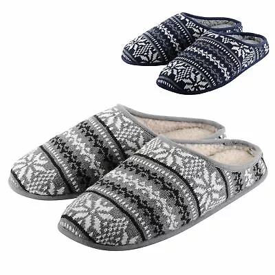 Mens Slip On Mule Slippers Fairisle Design Soft Sherpa Lining Non Slip Hard Sole • £9.99