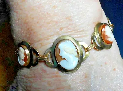 Vintage Cameo Bracelet Hand Carved 3 Carnelian Shell Each Different Gold Filled • £136.14