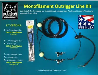 Outrigger Rigging Kit - Pre-rigged 50 FT Mono Lines -Add Clips Hal-Lock Pulleys • $26.95