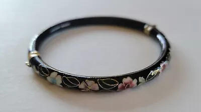 Vintage Oriental Enamel Cloisonne Floral Bangle Bracelet Black Pink Green White • $22.99