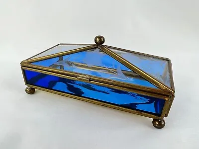 Via Vermont Hand Crafted Brass & Royal Blue Glass W/Mirror Trinket Jewelry Box • $29.95