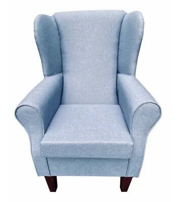 High Wing Back Fireside Chair Pale Blue Fabric Armchair Queen Anne / Tapered Leg • £1.06